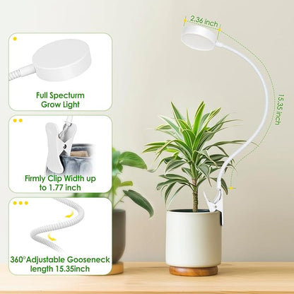 LORDEM Small Pot Clip Grow Light, Full Spectrum LED Plant Grow Lamp for Indoor Growing, Auto On/Off Timer 4/8/12H, Plant Light with 4 Dimmable Brightness Levels, Ideal for Small Indoor Plants, 1 Pack