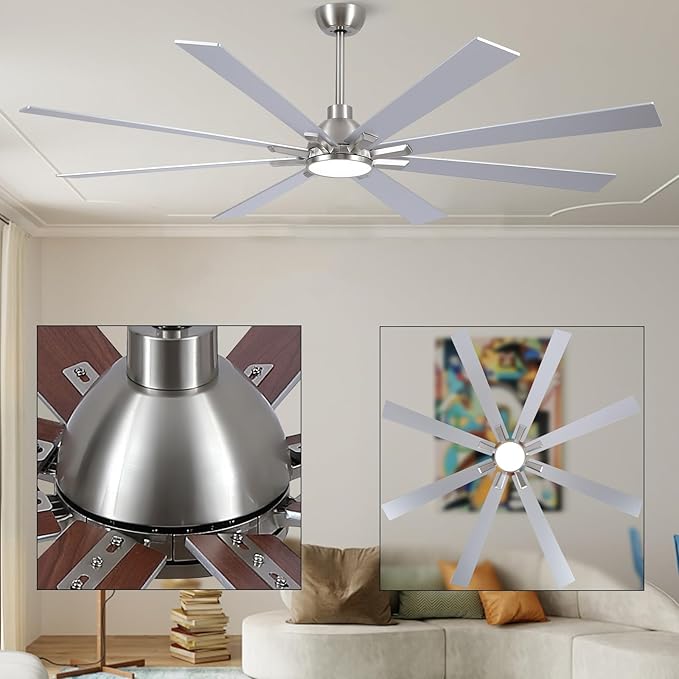 72 Inch Ceiling Fans with Lights and Remote, Nickel Large Ceiling Fan for Bedroom Living Room Indoor/Outdoor, 6 Speed Reversible DC Motor, 3CCT, Downrod, Dual Color 8 Blades, ETL Listed