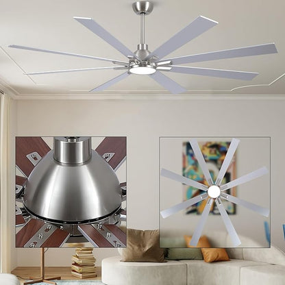 72 Inch Ceiling Fans with Lights and Remote, Nickel Large Ceiling Fan for Bedroom Living Room Indoor/Outdoor, 6 Speed Reversible DC Motor, 3CCT, Downrod, Dual Color 8 Blades, ETL Listed