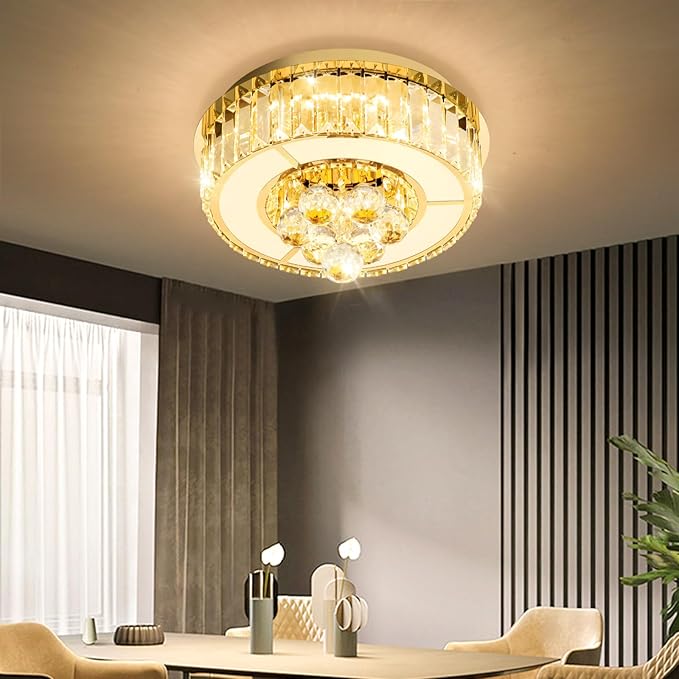 11.8" Gold Modern Crystal Chandeliers for Dining Room LED Dimmable Light Fixtures Flush Mount Light Living Room Bedrooms