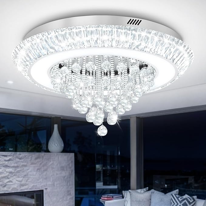 Modern LED Crystal Chandelier, Large Round Raindrop Chandelier for Living Dining Room 32in Chorme Flush Mount Ceiling Light Kitchen Island Bar