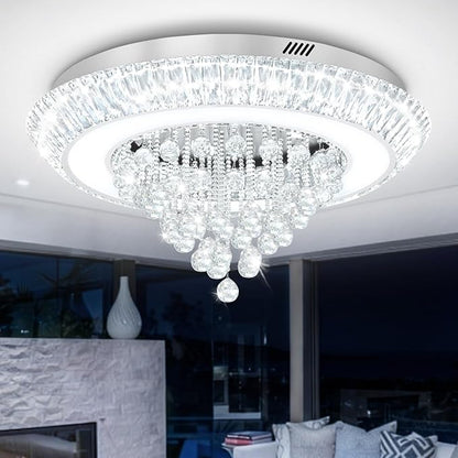 Modern LED Crystal Chandelier, Large Round Raindrop Chandelier for Living Dining Room 32in Chorme Flush Mount Ceiling Light Kitchen Island Bar