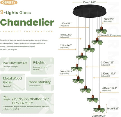9-Light Green Glass Chandelier for High Ceilings, Vintage Black Hanging Pendant Light Over Kitchen Island, Dining Table, Villa Foyer, Long Ceiling Lighting Fixture