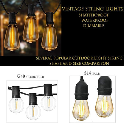 Outdoor String Lights 36ft with LED Filament Bulbs 30+2(Spare) Dimmable Shatterproof Waterproof, for Indoor/Outdoor Decoration and Lighting, Edison Vintage Style Warm 2200K