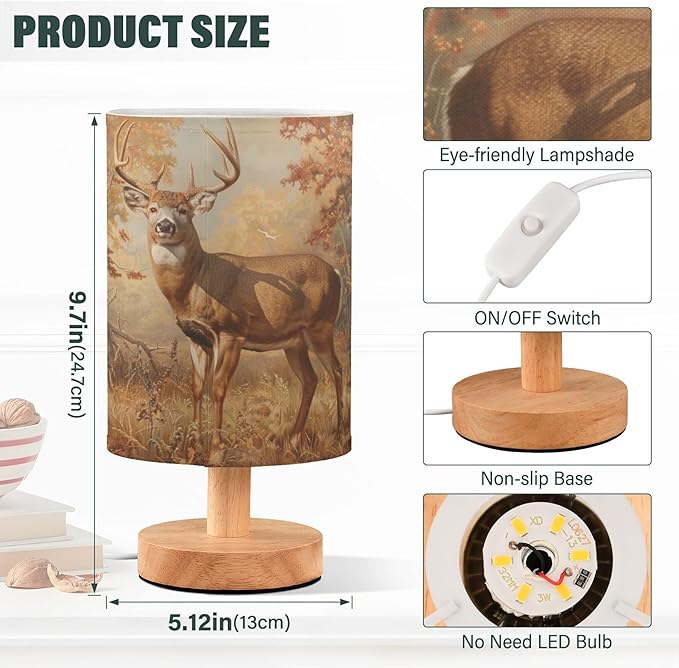 Table Lamp Deer Autumn Forest Nightstand Lamp with Wood Base Fabric Lamp Shade Bedside Desk Lamp for Living Room Bedroom Kids Room Office