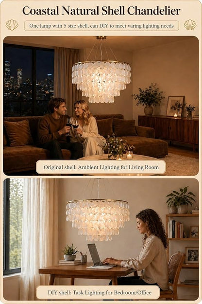 5 Tier Shell Capiz Chandelier, H16'' x D24'' Natural Shell Hanging Ceiling Light Fixtures Seashell Coastal Chandeliers for Living Room(More Additional Shell Parts Included) Gold