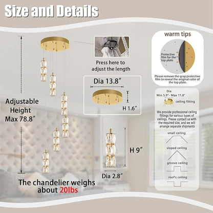 ykolupty H78 Pendant Lights Kitchen Island 6-Lights Pendant Chandelier for Dining Room Hallway Stairwell,LED Dimmable 2700K-6000K (Gold Chandelier)
