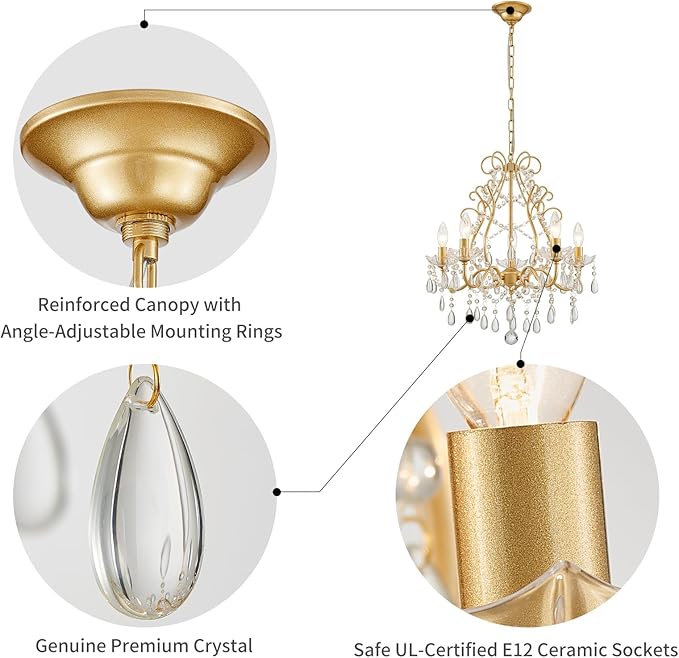 WUZUPS 5-Light Crystal Candle Chandelier Pendant Ceiling Light Modern Lighting Fixture for Bedroom Hallway Bar Kitchen Bathroom, H 23.2" W 20.7", E12 Base, Gold