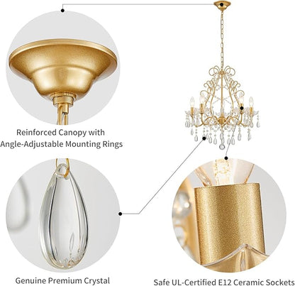 WUZUPS 5-Light Crystal Candle Chandelier Pendant Ceiling Light Modern Lighting Fixture for Bedroom Hallway Bar Kitchen Bathroom, H 23.2" W 20.7", E12 Base, Gold