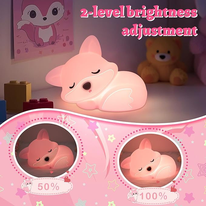 OkiyiD Pink Fox Night Light Toy Gifts for Girls, Cute Fox Squishy Lamp for Daughter Gifts, Dimmable Rechargeable Silicone Animal Night Light, Sweet Birthday Xmas Gift for Girls Room Pink Decor