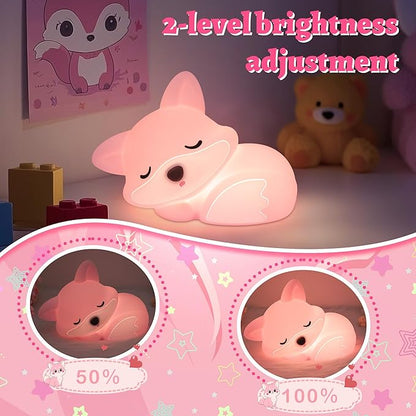 OkiyiD Pink Fox Night Light Toy Gifts for Girls, Cute Fox Squishy Lamp for Daughter Gifts, Dimmable Rechargeable Silicone Animal Night Light, Sweet Birthday Xmas Gift for Girls Room Pink Decor