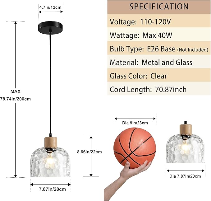 Modern Glass Pendant Light, 7.87“ Farmhouse Small Dome Hanging Lamp Shade, Mid Century Mini Ceiling Chandelier Lighting Fixture for Kitchen Island Laundry Room Bathroom Hallway Foyer