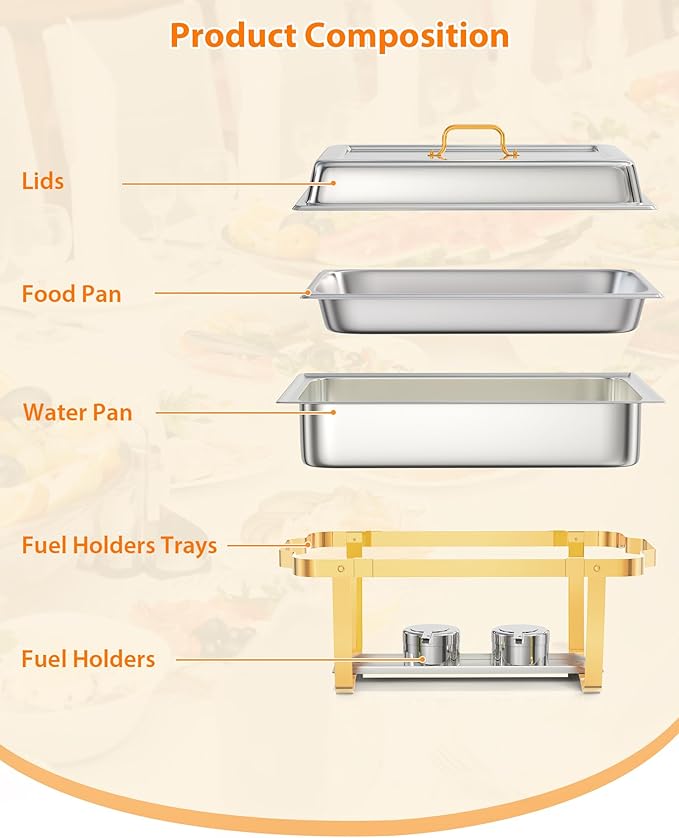 2 Pack Chafing Dishes for Buffet, Stainless Steel Catering Chafer with Lids, Pans & Fuel Holder, 8QT Food Warmers for Parties Buffet, Buffet Servers and Warmers for Parties, Events, Weddings, Gold