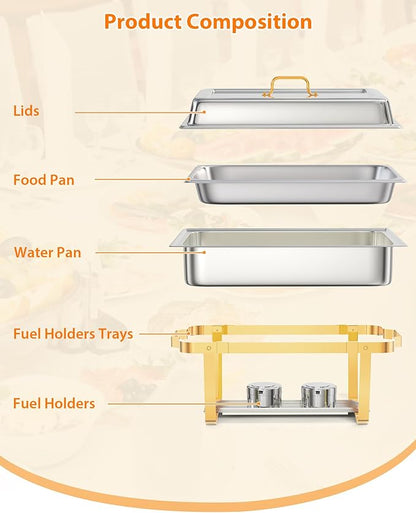 2 Pack Chafing Dishes for Buffet, Stainless Steel Catering Chafer with Lids, Pans & Fuel Holder, 8QT Food Warmers for Parties Buffet, Buffet Servers and Warmers for Parties, Events, Weddings, Gold