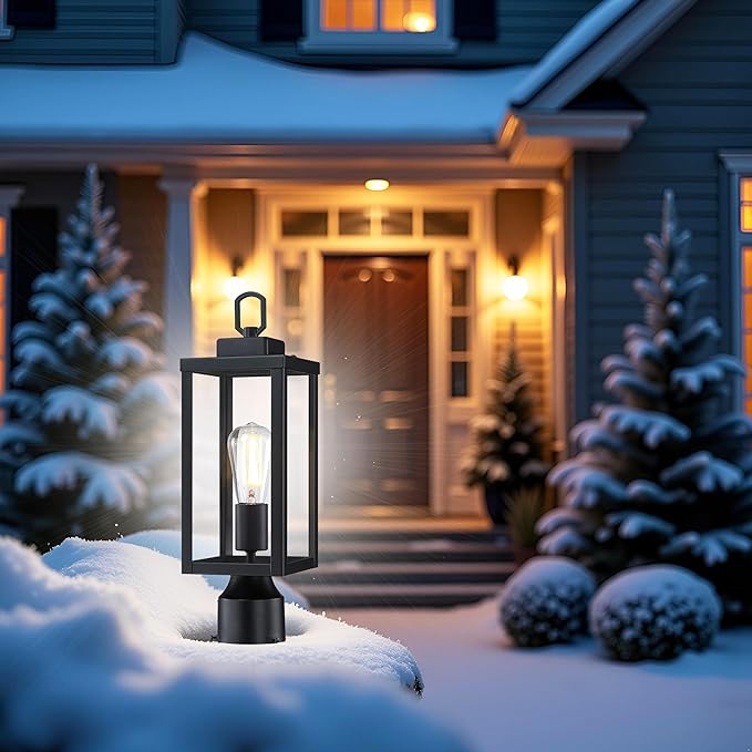 GRUENLICH Outdoor Post Lighting Fixture Pole Lantern, E26 Medium Base Max 60W, Metal Housing Plus Glass, Matte Black Finish, Bulb Not Included, 1 Pack