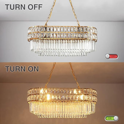 Modern Crystal Chandelier Gold Finish Light Fixture, Oval Crystal Pendant Light Hanging Lamp, for Living Room, Dining Room, Restaurant, E12 x 8, 29.5 x 13 inch