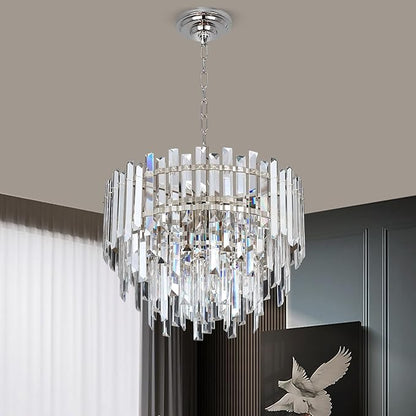 Chrome Modern Top K9 Crystal Chandelier Lighting Fixture, 6 Lights Round K9 Crystal Adjustable Hanging Lamp for Dining Room Bedroom Living Room,Hallway,Bar,Kitchen W17.6