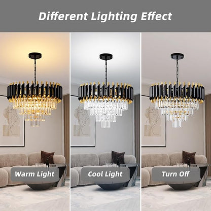Modern Chandelier Gold and Black Crystal Chandeliers 4-Tier 20 Inch Round Hanging Crystal Pendant 7 Lights Fixture for Dining Room Bedroom Living Room Farmhouse, Clear