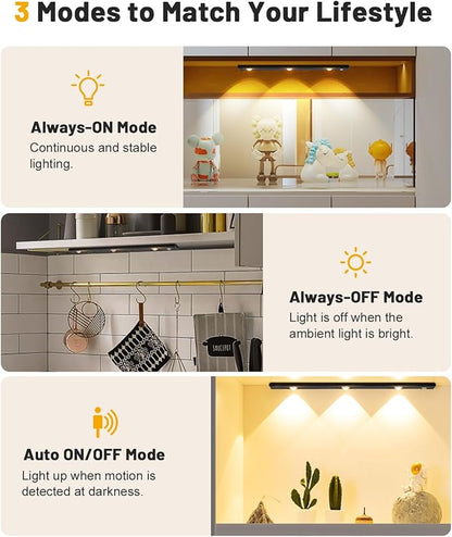 Pak Under Cabinet Lights, Rechargeable Motion Sensor Light Indoor, Wireless and 3-Color Dimmable with Cat’s Eye Hill Effect, for Display Cabinets, Showcases, Wine Racks, 2 Pack, Black