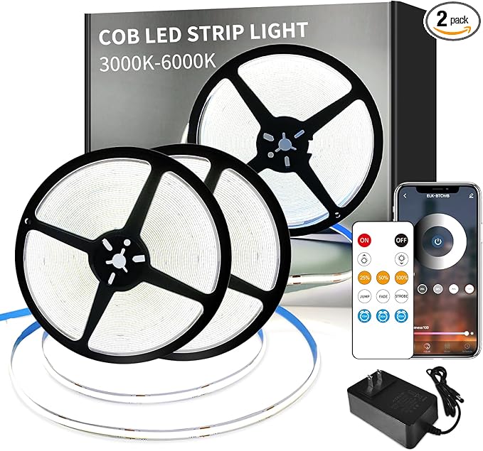 100FT COB LED Strip Lights White Dimmable DC 24V 6000K Flexible LED Tape Light for Bedroom, with Remote and app Control LED Tape Lights for DIY Home Decoration(2 Rolls of 50ft)
