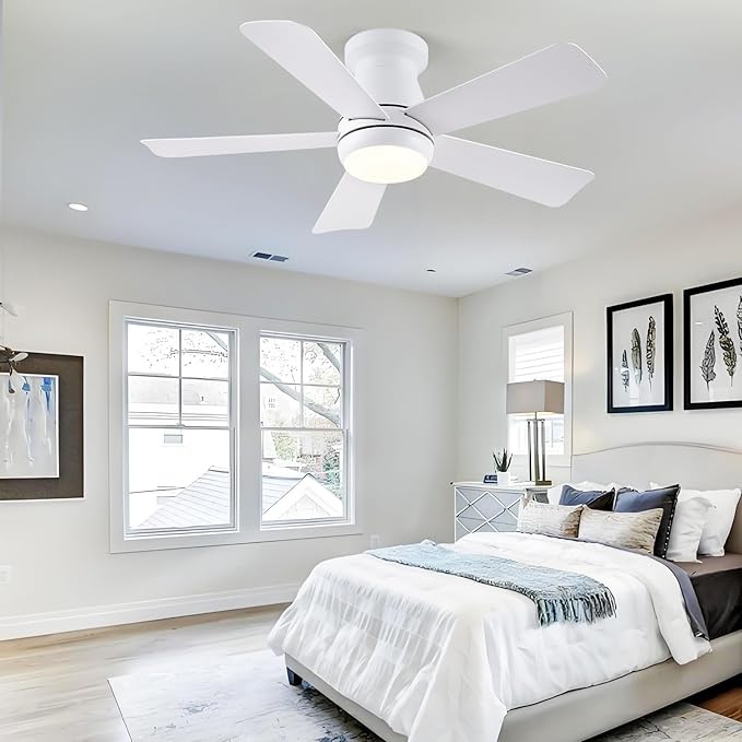 Hounberi Ceiling Fans with Light and Remote,40" White Flush Mount Ceiling Fan with Dimmable LED,6 Speeds DC Reversible,Timer, Noiseless, Indoor Low Profile Ceiling Fans for Bedroom,Kitchen