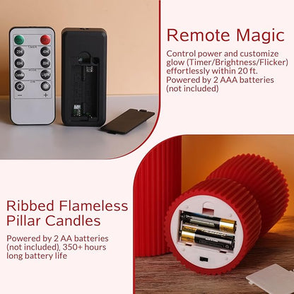 Red Ribbed Fluted Flameless Pillar Candles with Remote, Battery LED Wax Candles Flickering Home Aesthetics Decor Gift Set of 2
