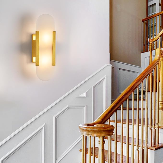 Fanyank-13.8in Alabaster Wall Sconce,Natural Marble Wall Lighting，Gold Wall Light Fixtures for Bedroom Stairs, Living Room, Vanity, Hallway Bedside(Bulb Included)