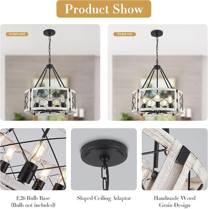 5-Light Farmhouse Chandelier 19.8" White Rustic Chandelier for Dining Room Adjustable Pendant Light Fixture for Kitchen Island Entryway Bedroom Hallway