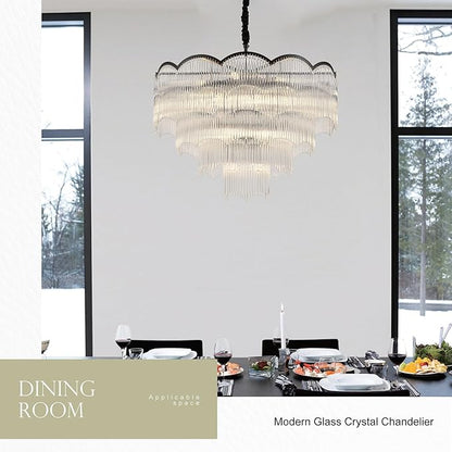 31.5" Black Clear Glass Crystal Chandelier 18-Light Modern Crystal Pendant Ceiling Light Fixture 4-Tier Luxury Glass Chandeliers,for Dining Room Kitchen Island Living Room Bedroom