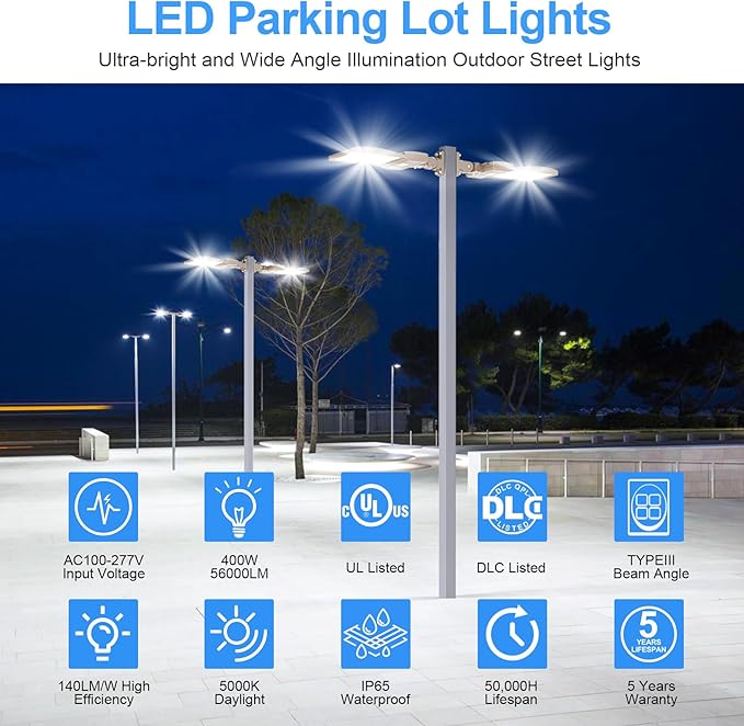400W LED Parking Lot Light UL ETL Listed 60000LM 5000K Adjustable Arm Mount LED Street Light with Dusk to Dawn Photocell 100-277V IP65 Rating Outdoor Commercial Area Flood Security Lighting