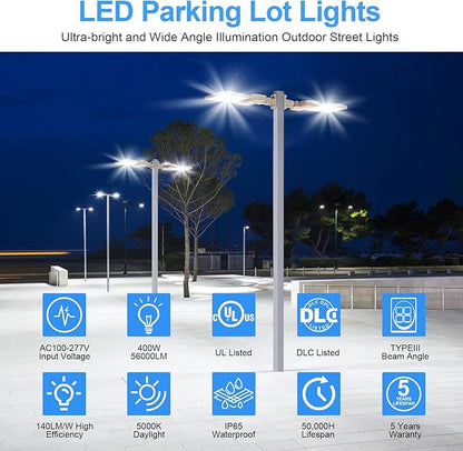 400W LED Parking Lot Light UL ETL Listed 60000LM 5000K Adjustable Arm Mount LED Street Light with Dusk to Dawn Photocell 100-277V IP65 Rating Outdoor Commercial Area Flood Security Lighting