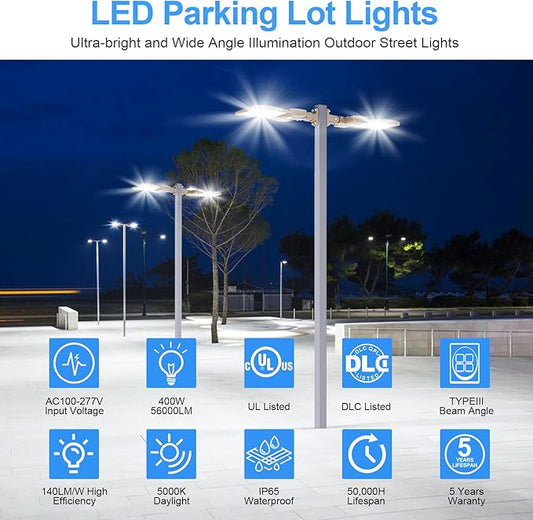 400W LED Parking Lot Light UL ETL Listed 60000LM 5000K Adjustable Arm Mount LED Street Light with Dusk to Dawn Photocell 100-277V IP65 Rating Outdoor Commercial Area Flood Security Lighting