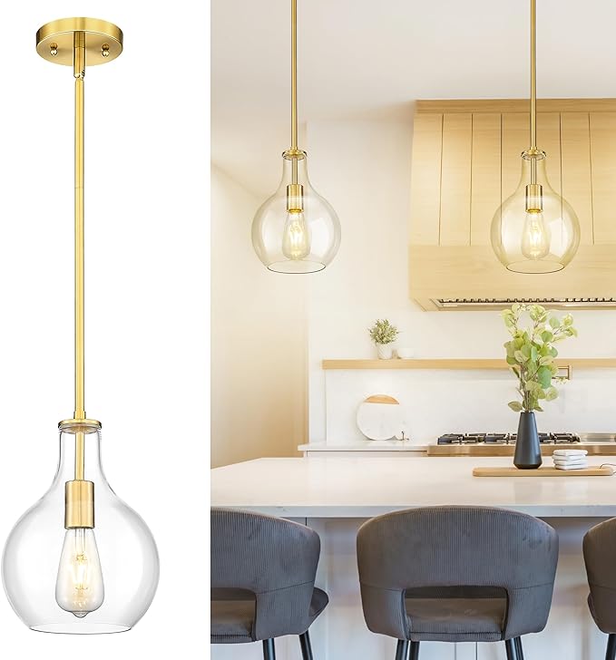 Emak Modern Brushed Gold Pendant Light, 8 Inch Pendant Lights Kitchen Island with Clear Glass Shade, Modern Hanging Light Fixture for Kitchen, Bathroom, Bedroom, Dining Room, PL125-BGD