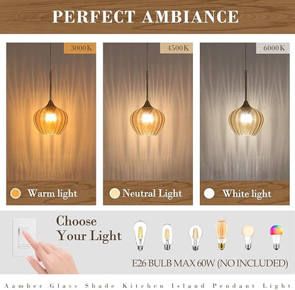 7 Inch Amber Glass Pendant Lights Kitchen Island, Modern Adjustable Pendant Light Fixtures Vintage Gold Ceiling Hanging Lamp for Dining Room Bathroom Bedroom