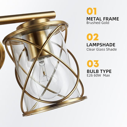 mavcadonf 2-Lights Bathroom Vanity Lights, Bathroom Light Fixtures Over Mirror, Brushed Gold Vanity Light, Farmhouse Wall Lights with Clear Glass Shade, Bathroom Wall Lamp for Mirror Kitchen Bedroom