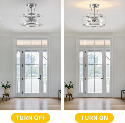 Brushed Nickel Modern Ceiling Lights 3-Light Hallway Light Fixtures Semi Flush Mount Kitchen Ceiling Lighting Drum Glass Entryway Chandelier for Bathroom Foyer Laundry Dining Room Bedroom