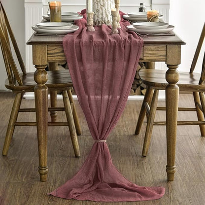 Artoid Mode Boho Cheesecloth Gauze Dusty Rose Wedding Table Runner, 120 Inch Seasonal Fabric Kitchen Dining Holiday Table Decor for Home Party Indoor