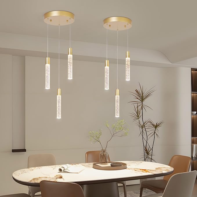 3 Light Pendant Lights Kitchen Island,Modern LED Bubble Crystal Pendants with Dimmable 3000K-6000K Ceiling Hanging Light Fixture for Dining Room Bedroom,Gold Finish,Adjustable Height 59"