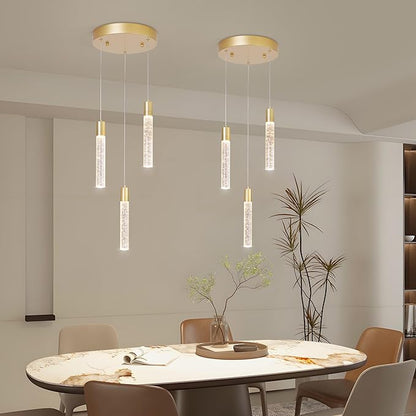 3 Light Pendant Lights Kitchen Island,Modern LED Bubble Crystal Pendants with Dimmable 3000K-6000K Ceiling Hanging Light Fixture for Dining Room Bedroom,Gold Finish,Adjustable Height 59"