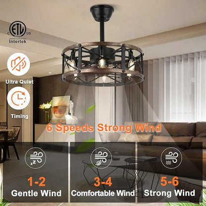SHLUCE 19" Farmhouse Fandelier Ceiling Fan with Light, Caged Bladeless Ceiling Fans with Lights and Remote, Modern Small Enclosed Ceiling Fans with Lights for Living Room, Bedroom, Black - ETL
