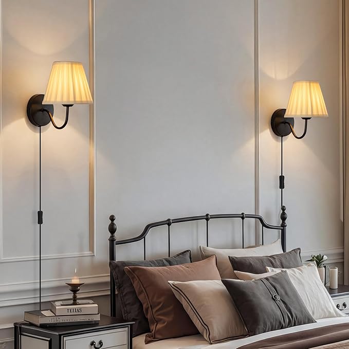 Plug in Wall Sconces with White Fabric Shades, Black Wall Sconces Set of Two, Modern Wall Lighting Fixture with On/Off Switch, Indoor Corded Wall Lamp for Bedroom, Living Room, Hallway, Bedside