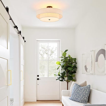 Modern Semi Flush Mount Ceiling Light 21.7" Modern Black 4-Lights Drum Ceiling Lighting Fixture Vintage Linen Golden Ceiling Lamp for Laundry Room, Kitchen, Living Room, Dining Room, Bedroom