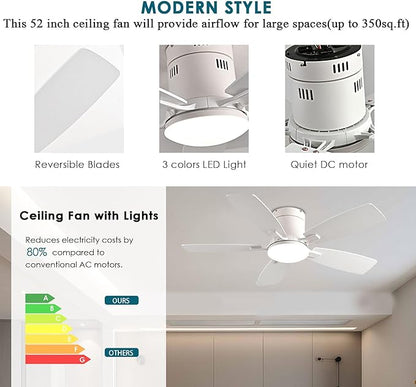 Ayaoty Ceiling Fans with Lights, 42 inch Low Profile Ceiling Fan with Light and Remote Control, Flush Mount, Reversible Motor, Dimmable, Noiseless, White Ceiling Fan for Bedroom, Indoor/Outdoor Use