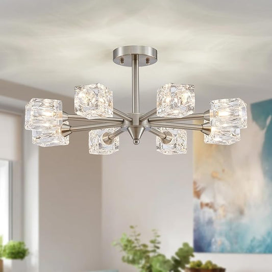 XINGQI 8-Light Brushed Nickel Modern Sputnik Chandeliers Semi Flush Mount Ceiling Light Fixture for Dining Room Bedroom Living Room Kitchen Entryway