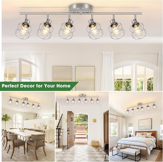 Baocuz 6-Light Brushed Nickel Multi-Directional Semi Flush Mount Ceiling Light, Kitchen Light Fixtures Ceiling Mount, Modern Metal Cage Close to Ceiling Lamp for Dining Room Hallway Entryway