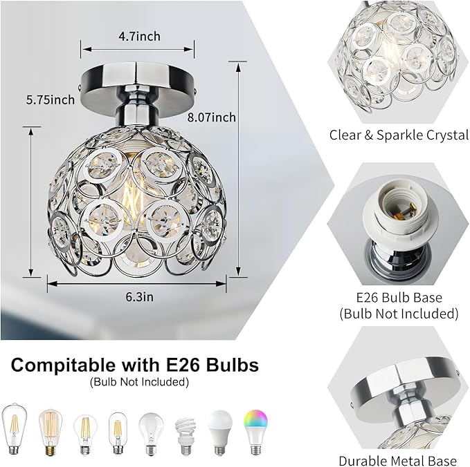 TISLYCO Modern Semi Flush Mount Ceiling Light Fixture, Mini Crystal Chandelier Light Fixture, Small Close to Ceiling Light for Hallway Bathroom