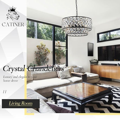 CATINER Black Crystal Chandelier, 8-Light Drum Semi Flush Mount Ceiling Light, 24'' Modern Crystal Pendant Chandelier for Dining Room, Living Room, Bedroom, Kitchen, Foyer