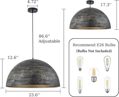 23.6 in. Black and Gold Hammered Pendant Light Fixtures, Industrial Metal Dome Shade, Pendant Lights Kitchen Island, Pendant Light for Kitchen Island and Dining Room