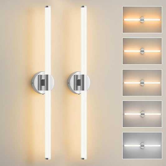 Bathroom Wall Sconces Set of 2 Hardwired Dimmable 5CCT LED Bathroom Light Fixtures Over Mirror 360° Full Lighting 31" Long Vanity Light Bar Modern Chrome Wall Sconce for Bedroom Living Room