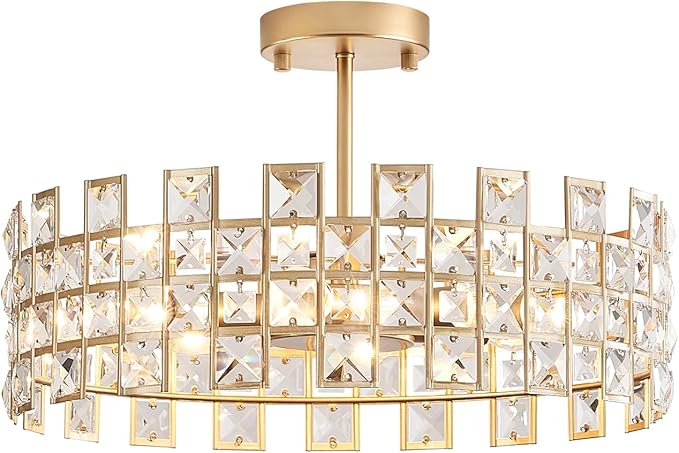 CATINER Gold Crystal Chandelier 18'' Round, Modern 6-Light Semi Flush Mount Ceiling Light, Adjustable Hanging Crystal Pendant Light with G9 Base for Kitchen Island, Dining Room, Bedroom, Entryway